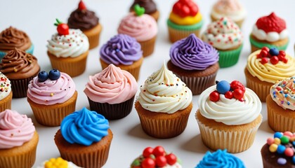 A playful array of polymer clay cupcakes with various toppings displayed on a white surface, perfect for dessert lovers and crafters alike, Generative AI