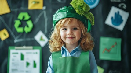 A young child dressed as a sustainability officer, presenting a green initiative plan with charts and eco-friendly symbols