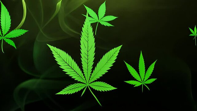Abstract concept video cannabis leaves icons floating dark smoky background depicting trippy marijuana e green color tones smoke effects rendered highquality 4K unique design ganja wild plant smokey