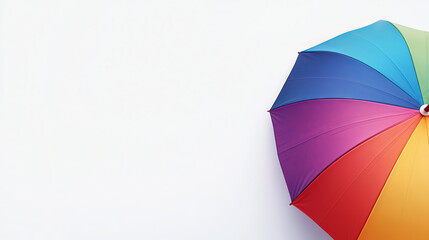 A vibrant, open rainbow umbrella on a white background in a studio shot. The colorful umbrella stands out, ideal as an advertising concept with ample copy space.