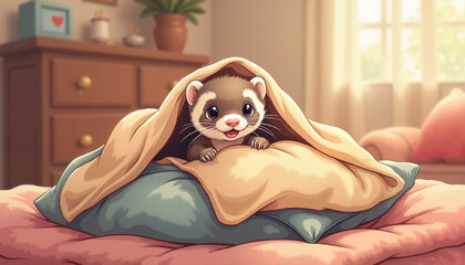 Adorable ferret peeking out from under colorful pillows with a playful expression in a cozy room