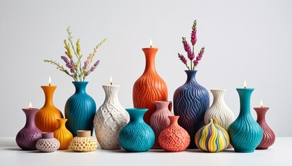 A colorful collection of polymer clay home decor items, like vases and candle holders, displayed on a white background, celebrating style and elegance, Generative AI