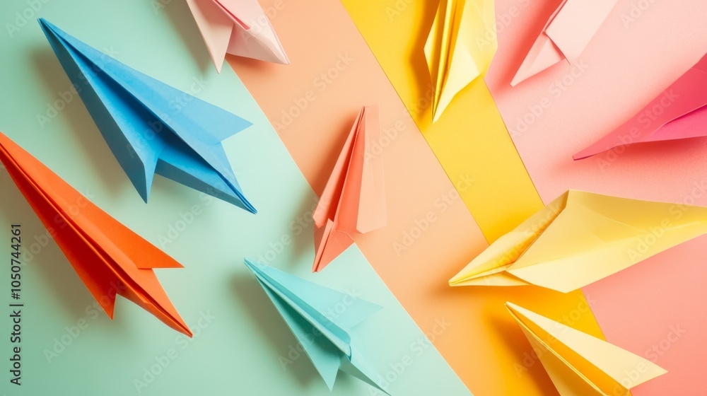 Poster A conceptual image of diverse paper airplanes of different colors soaring towards a common destination on a plain backdrop, Embodying unity and shared aspirations, photography style