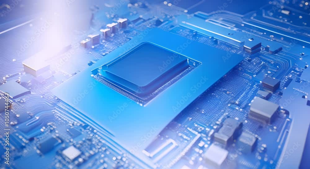 Poster a blue cloud computing concept with data flowing to a circuit board 4k