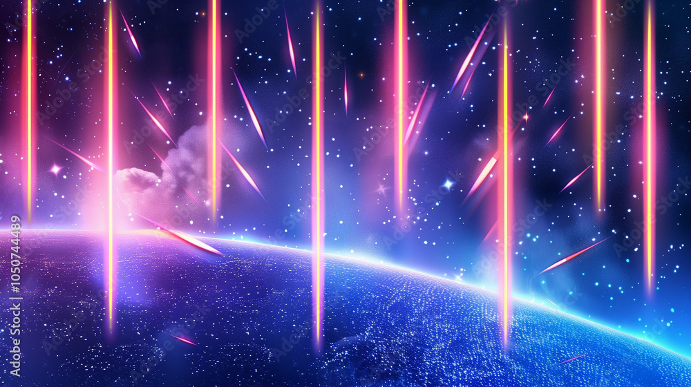 Poster comet streaking through space with colorful trails above a planet