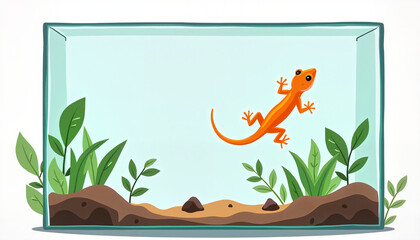 Vibrant gecko swimming in a clear terrarium with lush green plants