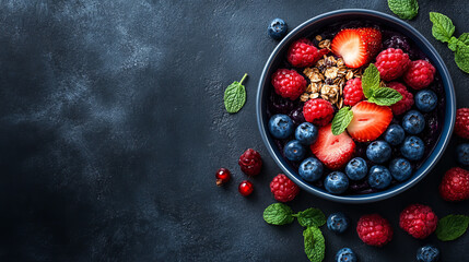 A nutritious acai bowl topped with granola, fresh fruits, and berries, perfect for breakfast.