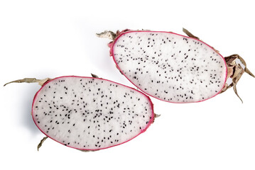two halves of pitahaya, in section, on a white background