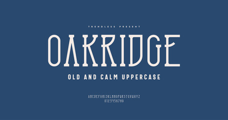 OakRidge: A vintage-modern thin slab serif typeface, blending classic charm with sleek lines. Ideal for refined headlines, branding with a timeless touch. Includes full uppercase alphabet and number.