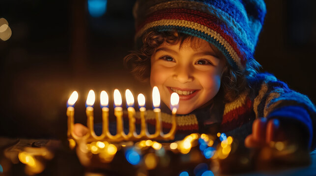 A family gathers to light the menorah during Hanukkah, celebrating the tradition with joy and warmth in a cozy, decorated room
