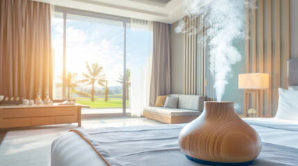 An aroma diffuser emits steam in a bright hotel room with a view of palm trees and clear skies, enhancing a tranquil morning ambiance.