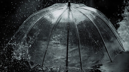 A clear umbrella in heavy rain, with water droplets splashing in the background &ndash; representing the concept of rainy weather.