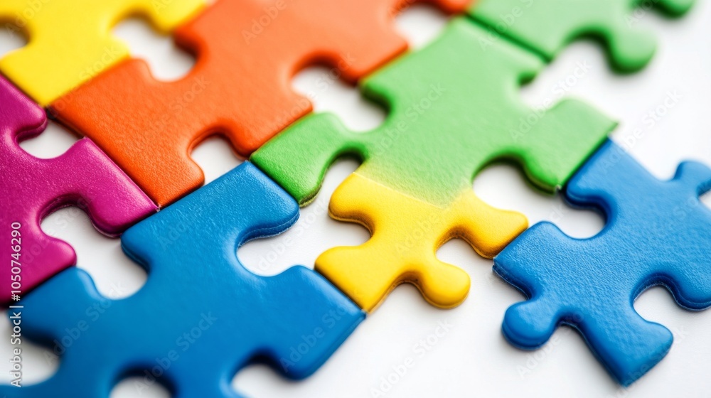 Poster a conceptual image of puzzle pieces of different colors fitting together seamlessly on a white backg