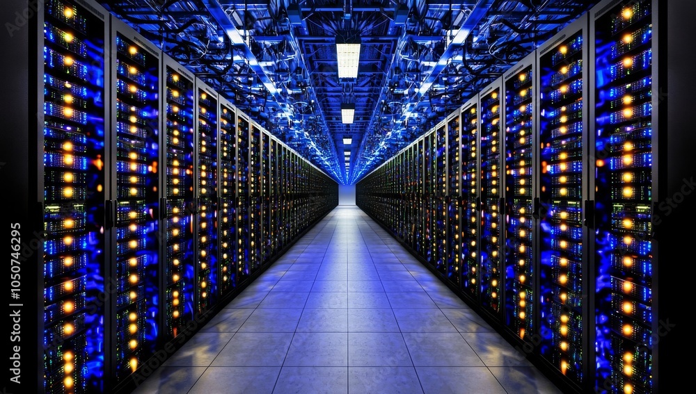 Aufkleber interior view of a data center with rows of high-speed computer activity on large steel server racks