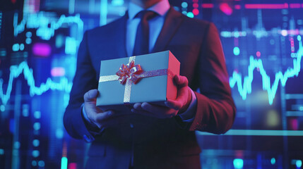 A businessman in a business suit holds a gift box in his hands against the background of a stock or cryptocurrency market chart, symbolizing a special competition package as a gift for his clients.