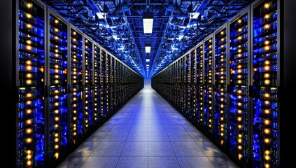Interior View of a Data Center with Rows of High-Speed Computer Activity on Large Steel Server Racks