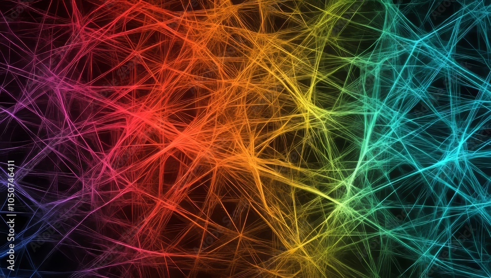 Poster colorful network of interconnected people represented by glowing nodes on an intricate grid, symboli