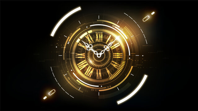 Golden Abstract Futuristic Technology Background with Clock concept and Time Machine, Can rotate clock hands, vector illustration