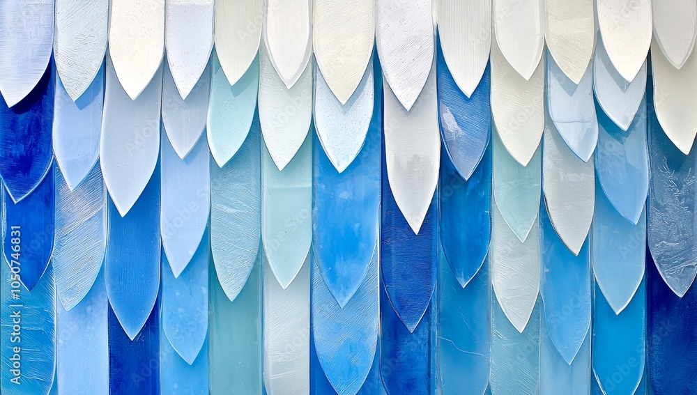 Poster blue and white background with glass vertical columns and curved chevron lines stacked in abstract g