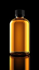 A black-capped glass bottle holds golden yellow liquid against a sleek black background