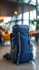 A spacious dark blue backpack with ergonomic straps waits in a comfortable airport lounge setting