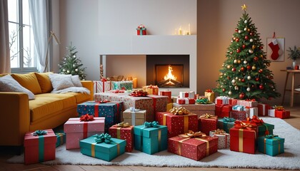 A cozy living room scene after Christmas, featuring a mix of gift boxes and colorful packaging waste, showcasing the joyful aftermath of holiday festivities, Generative AI