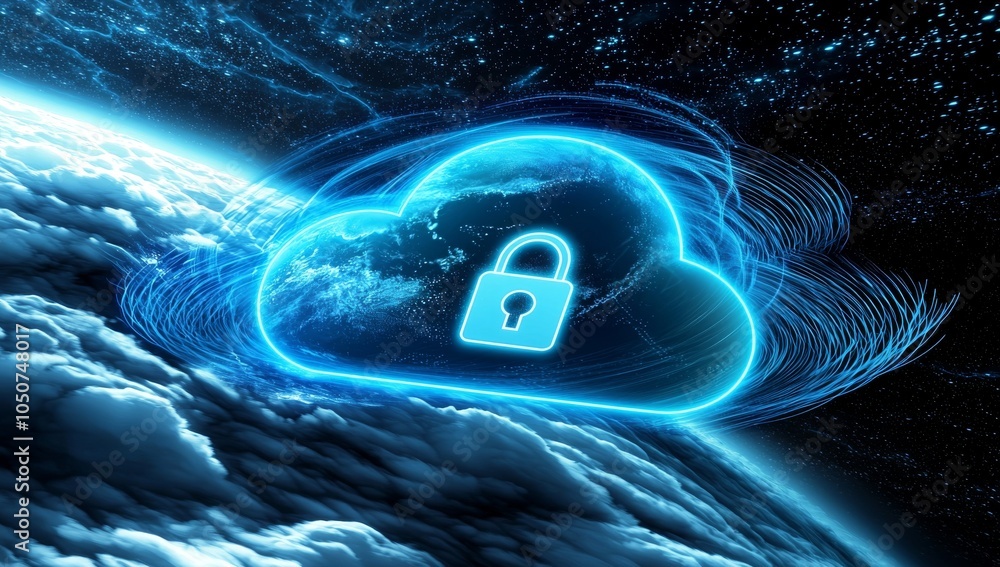 Poster glowing blue cloud with a padlock icon floating above it on a dark background, symbolizing security 
