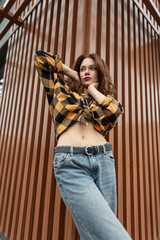 Beautiful fashion autumn urban woman in fashionable outfit with Plaid Twill Western Shirt with...
