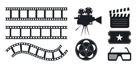 Cinema icon set. Camera, ticket, film strip, 3D glasses, clapperboard, and film reel. Vector illustration