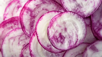 Obraz premium Turnip Slices Swirling Mid-Flight in Bright Colors