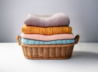 Obraz premium Stack of wool sweater Colorful Folded Knit Sweaters on White Background, wool sweater in wicker basket isolated. winter, knit wool sweater
