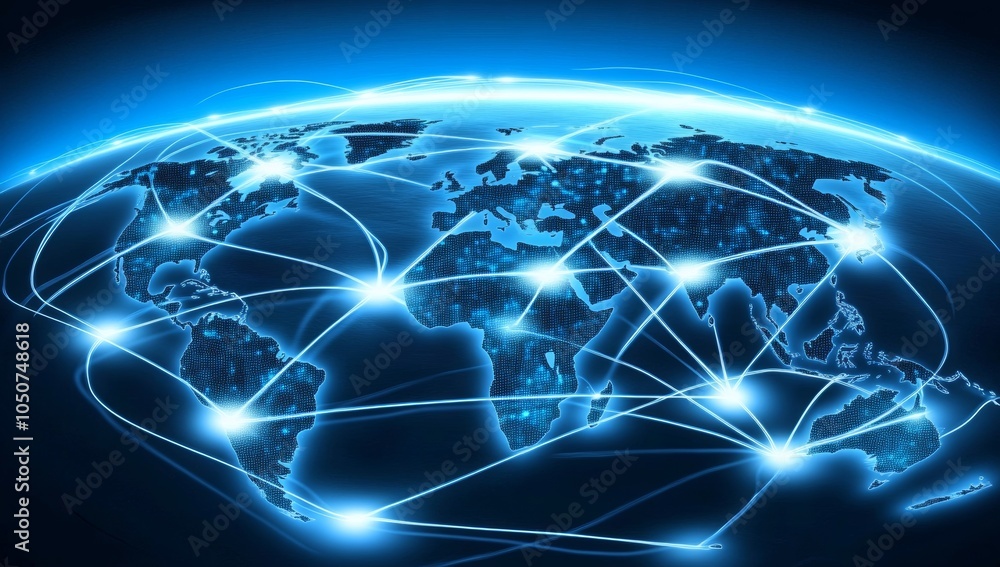 Poster digital map of the world with glowing connections between cities, representing the global network an