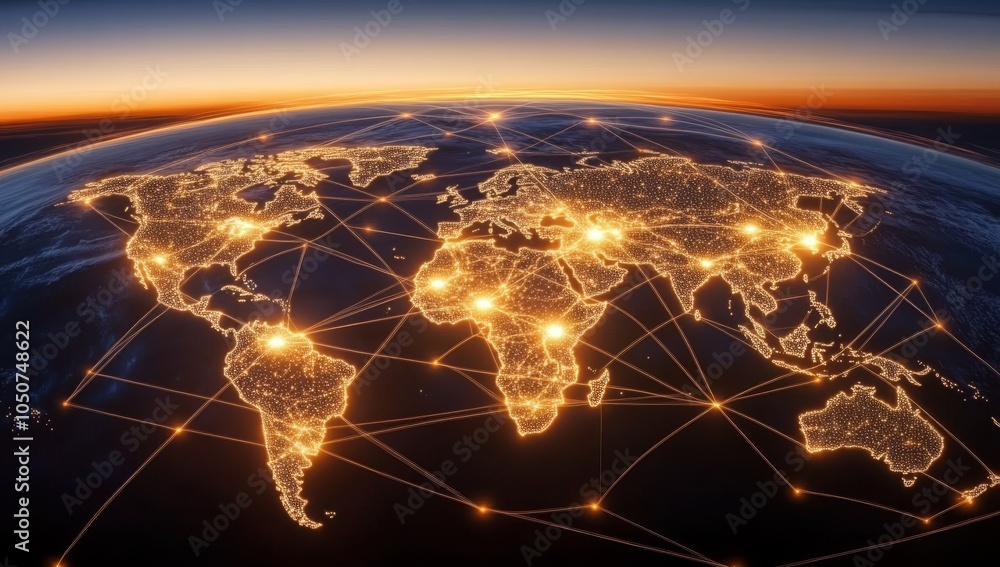 Poster global map with interconnected nodes symbolizing network connections, viewed from above at sunset