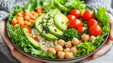 A vibrant salad bowl with avocado, cherry tomatoes, chickpeas, quinoa, and leafy greens, offering a healthy meal option.