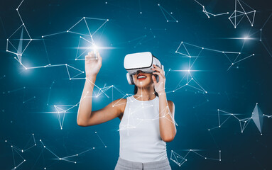 Female stand wear white VR headset and white sleeveless connect metaverse, future technology create...