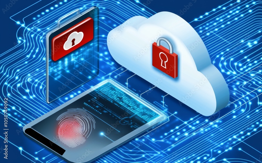 Poster the concept of cloud security and data protection, featuring icons of mobile devices, digital padloc