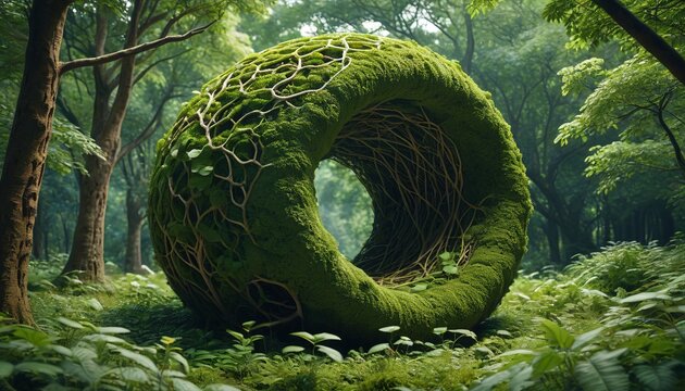 An artistic depiction of a porous composite structure surrounded by greenery, emphasizing the connection between biodegradable technology and nature, Generative AI
