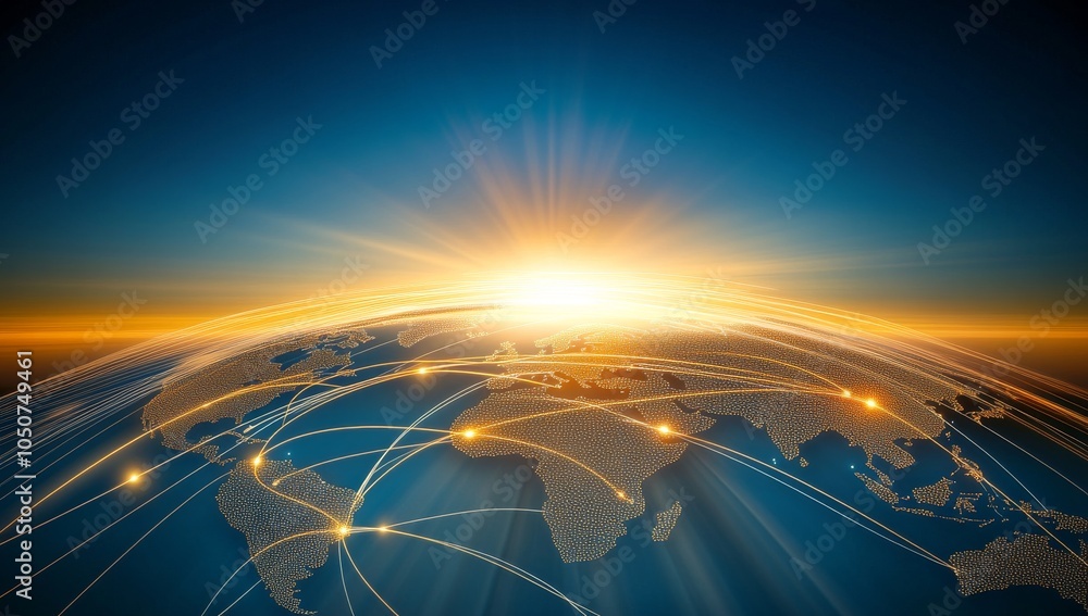 Poster digital map of the world with glowing connections between cities, representing the global network an