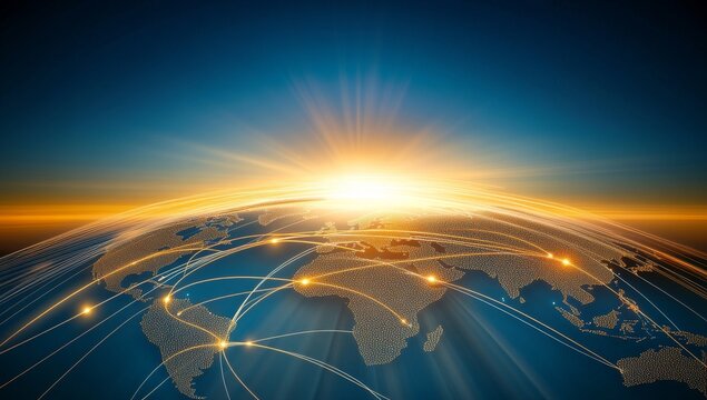 Digital Map of the World with Glowing Connections Between Cities, Representing the Global Network and Connectivity