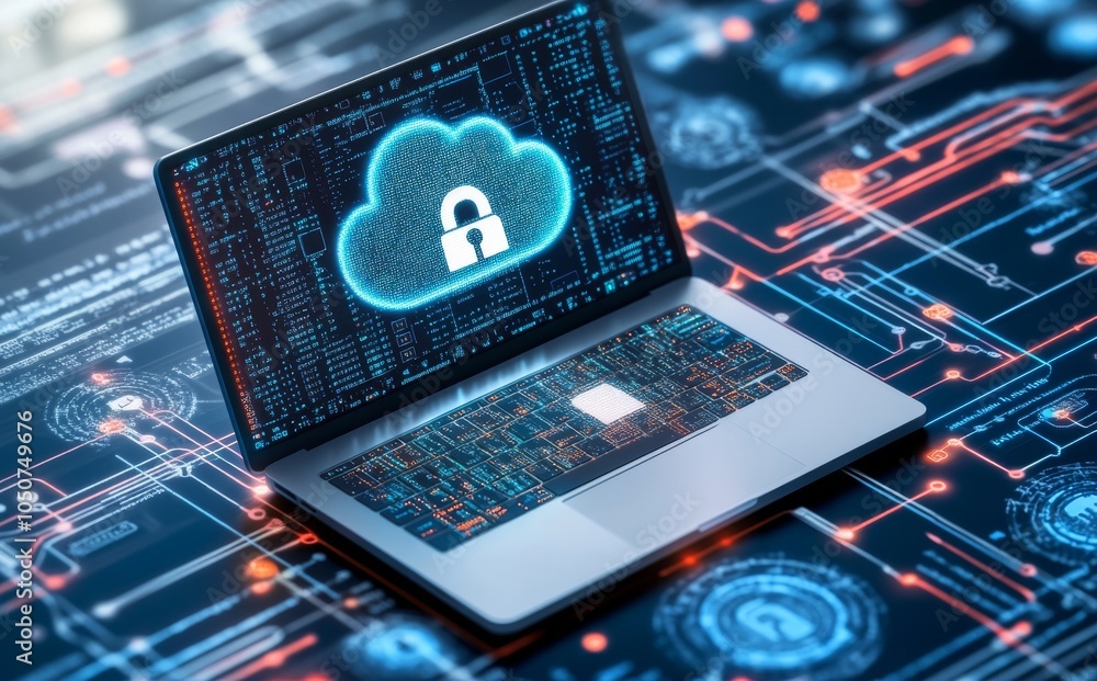 Poster the concept of cloud security and data protection, featuring icons of mobile devices, digital padloc