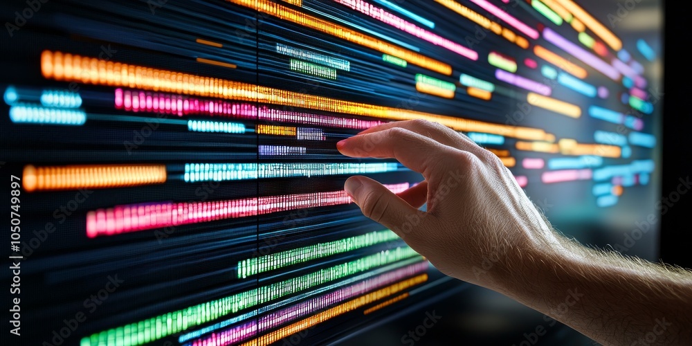 Poster hand touching digital connections and data on the screen, representing advanced technology in busine