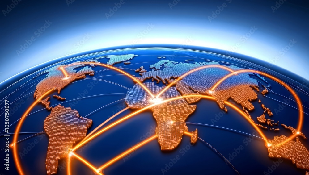 Poster digital map of the world with glowing connections between cities, representing the global network an