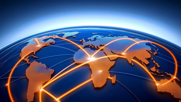 Digital Map of the World with Glowing Connections Between Cities, Representing the Global Network and Connectivity