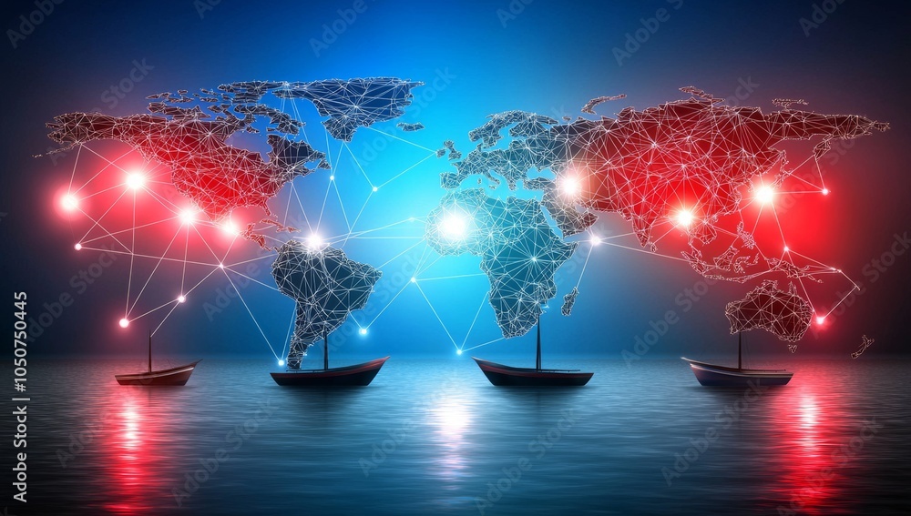 Poster digital map of the world with glowing connections between cities, representing the global network an