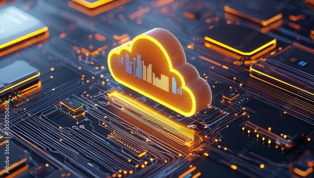 Poster glowing blue cloud with a padlock icon floating above it on a dark background, symbolizing security 