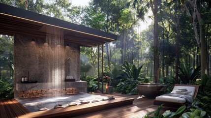 Obraz premium Open-air shower in a lush jungle setting with a rainwater shower head, wooden flooring, and natural stone walls.