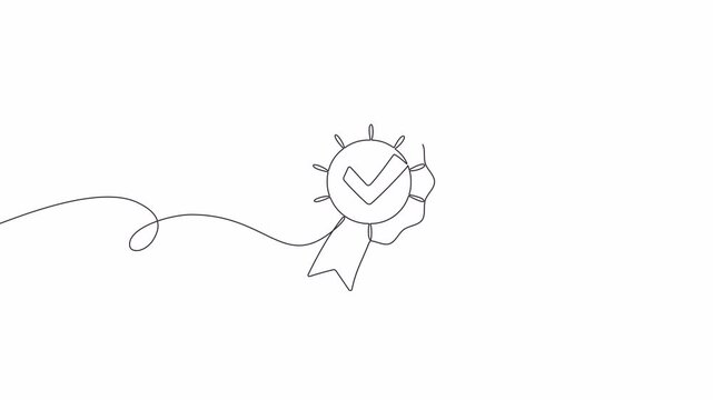 Video. Continuous editable line drawing of winner's award. Insignia. Concept of victory, professional badge of honor, certificates. Animation on white background. 4K.