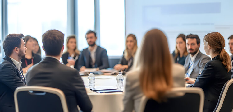 Interview and round table discussion at business convention and presentation. Audience at the conference hall. Business and entrepreneurship symposium.