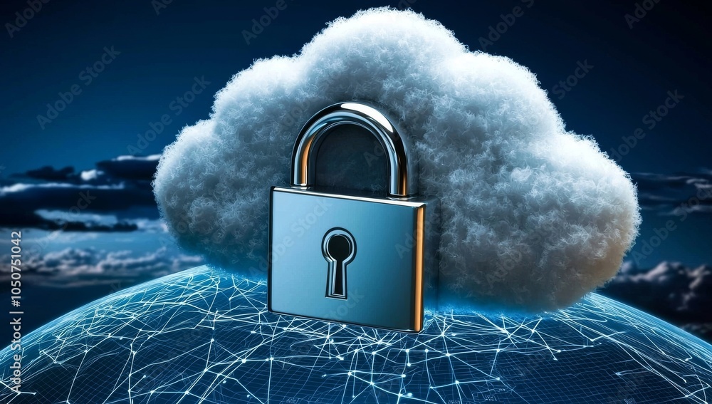 Poster abstract cloud with glowing lines and a padlock icon set against the backdrop of planet earth, symbo