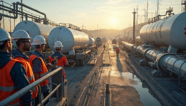 An energy transportation hub highlights pipelines, LNG tanks, and efficient natural gas distribution.